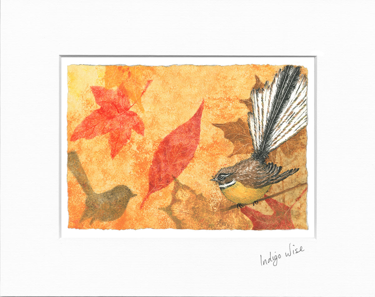 Fantail in Autumn Leaves - Small Print
