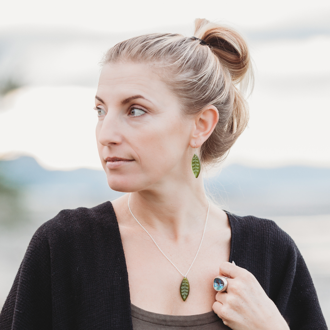 Kōwhai Leaf Earrings and Pendant Green worn on model