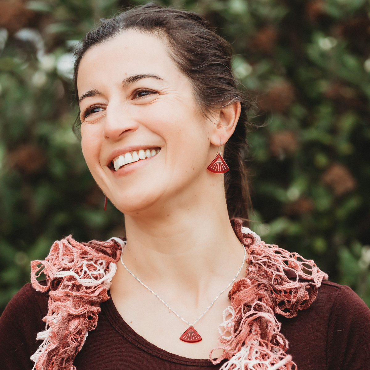 Pōhutukawa Flower Pendant Necklace Red with matching Earrings worn on model
