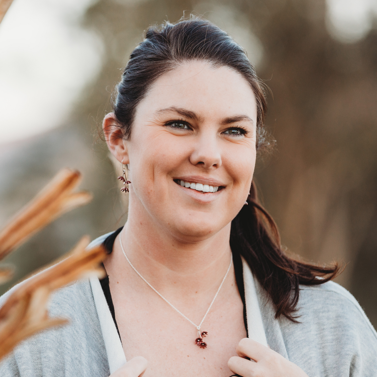 Dewdrop Earrings and Pendant Copper worn on model