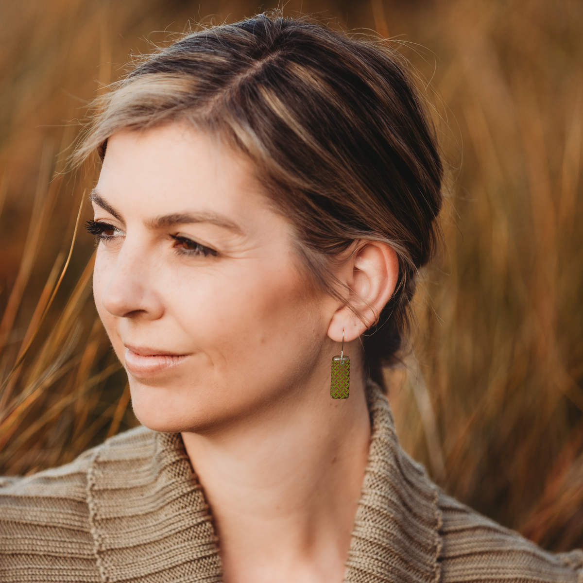 Woven Flax Drop Earrings Green worn on model