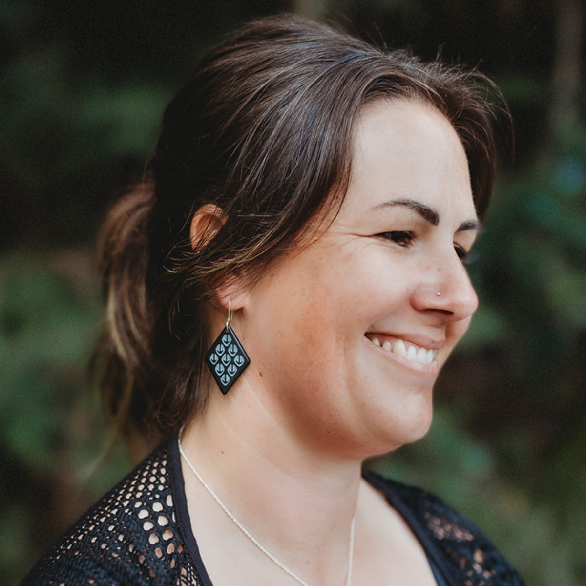 Ponga Diamond Earrings Black worn on model