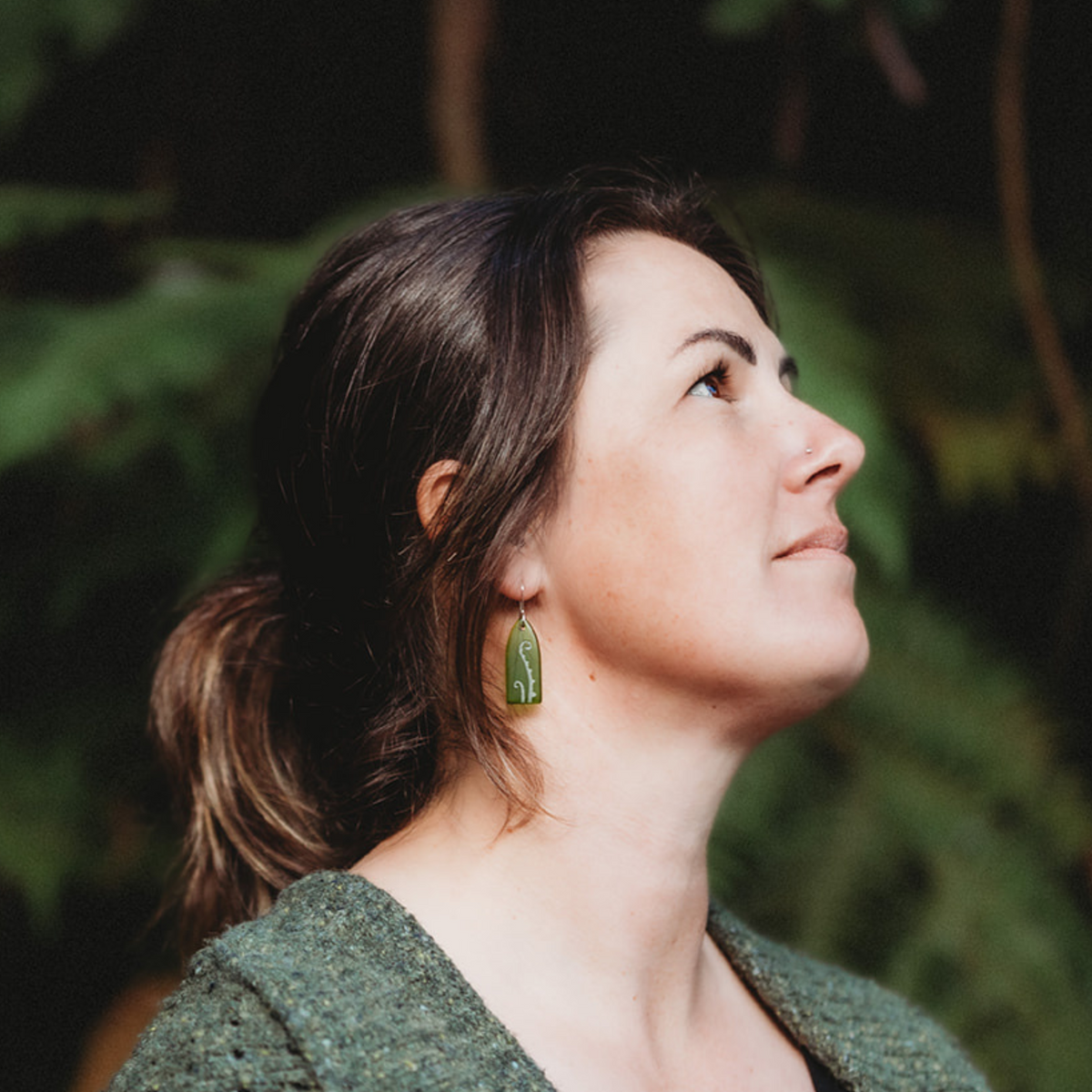 Glass Fern Frond Earrings worn on model