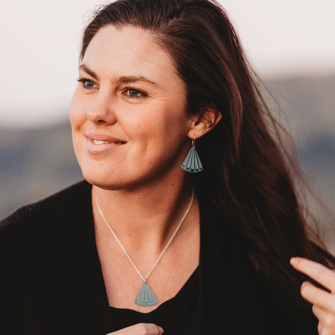 Fantail Tail Earrings and Pendant Light Blue on model