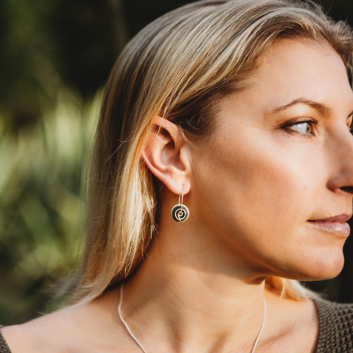Silver Greenstone Spiral Drop Earrings Small worn on model