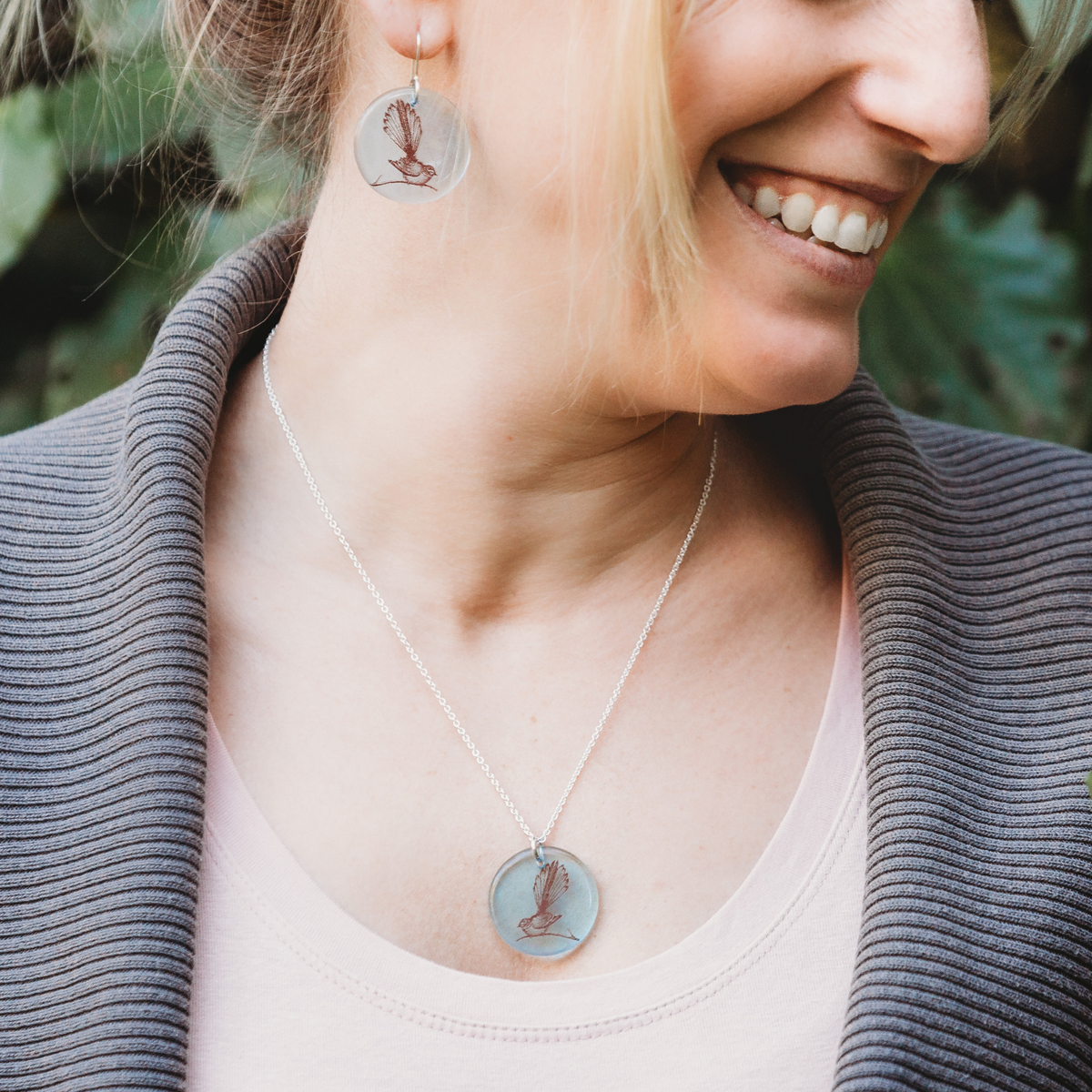 Glass Fantail Disc Pendant and Earrings Large
