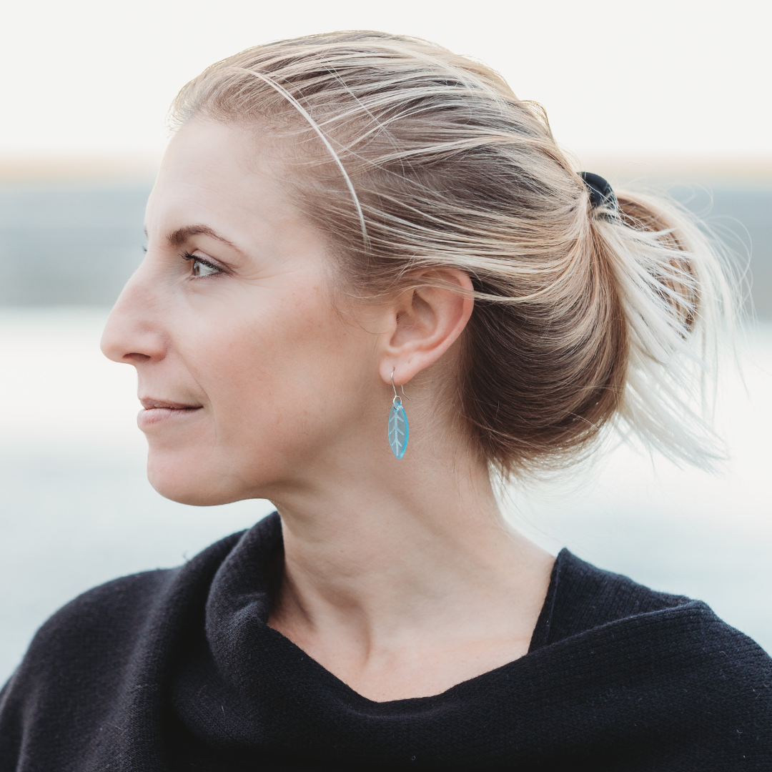 Glass Leaf Earrings Light Blue worn on model