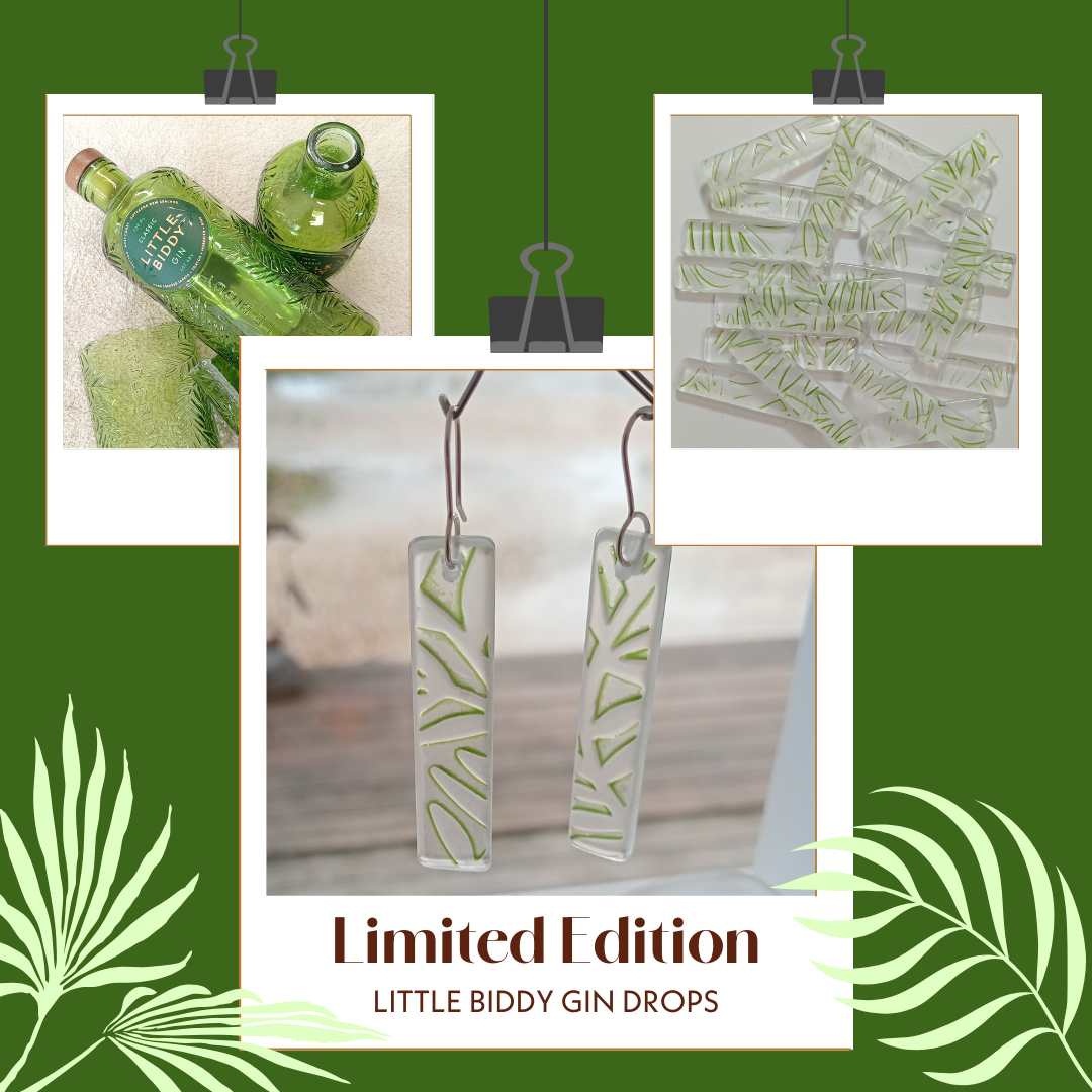 Little Biddy Limited Edition Drop Earrings showing bottles and finished earrings
