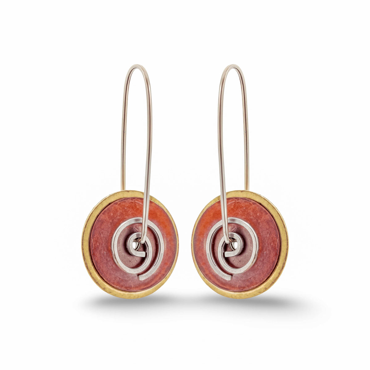 Brass Copper Spiral Disc Earrings