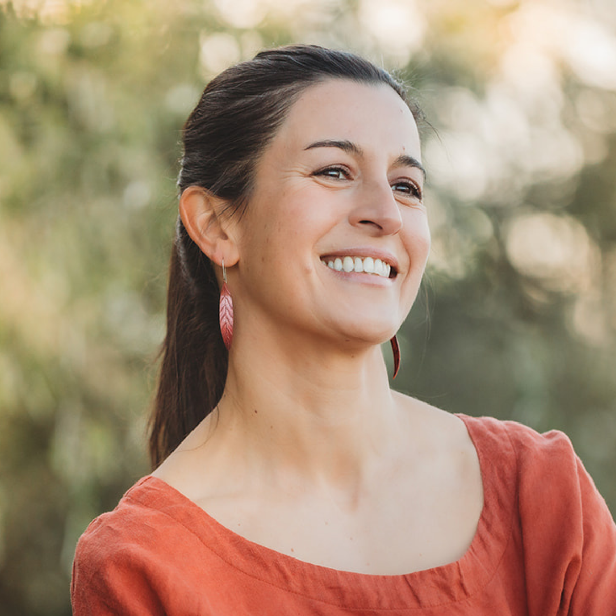 Copper Leaf Earrings Large worn on model