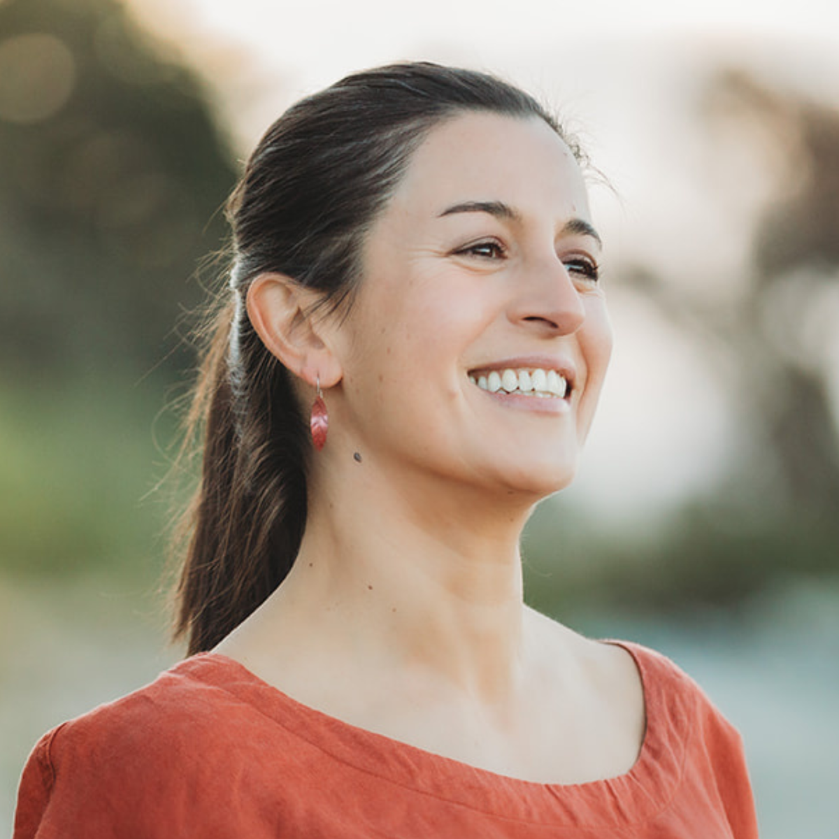Copper Leaf Earrings Small worn on model
