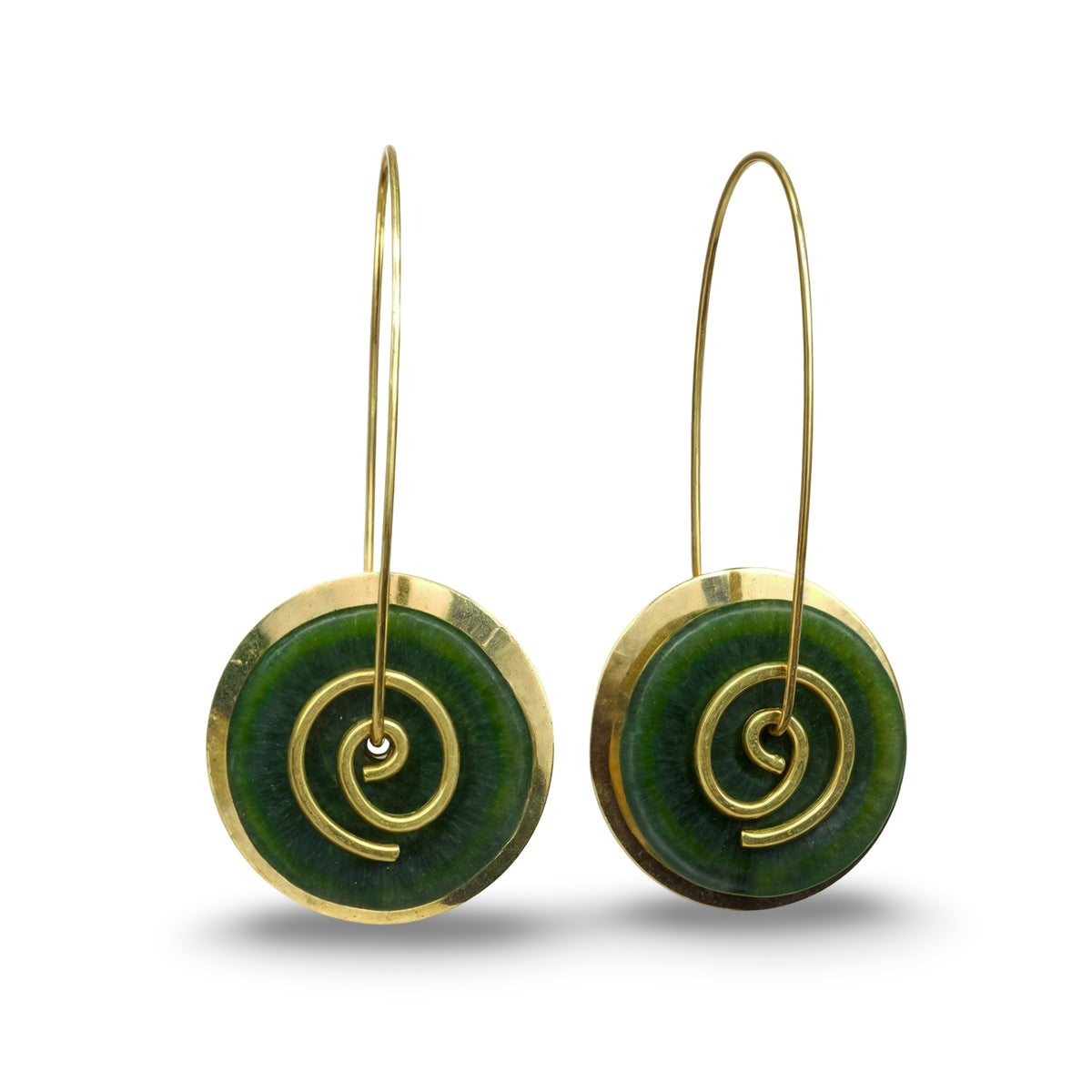 Gold Greenstone Spiral Drop Earrings Large