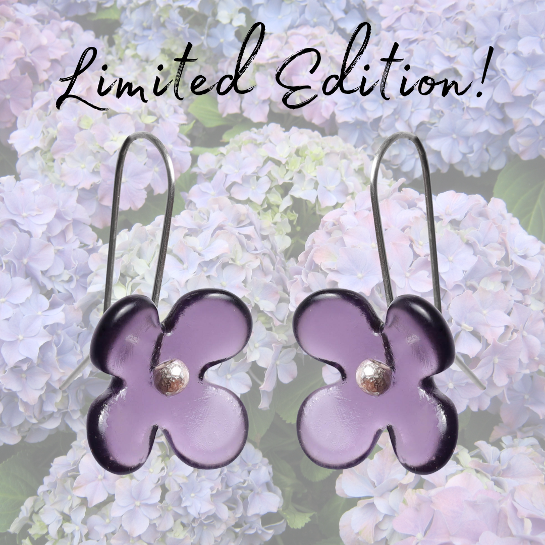 Purple Hydrangea Flower Earrings with hydrangea background