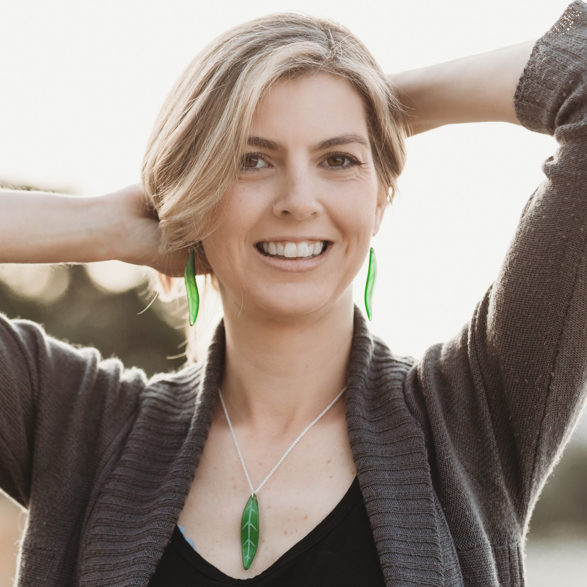 Tawa Leaf Earrings and Pendant Necklace Green worn on model