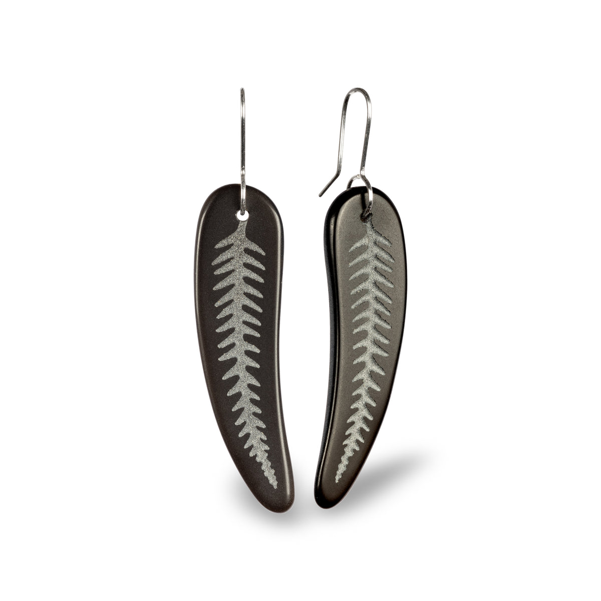 Silver Fern Earrings Large Black