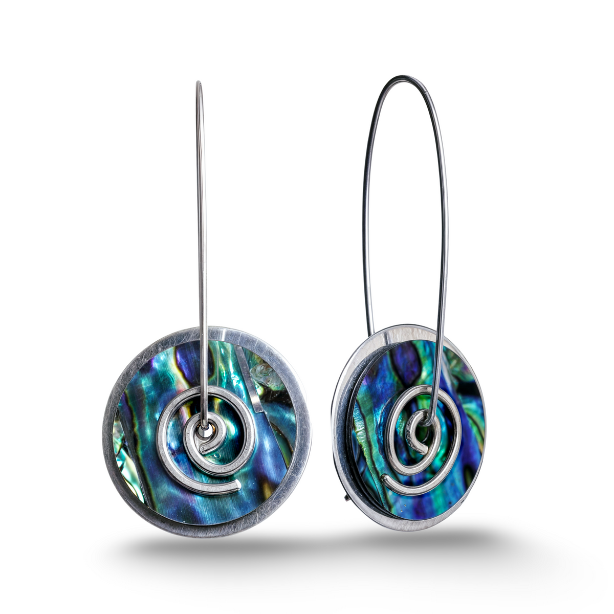 Silver Pāua Spiral Drop Earrings Large