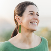 Woven Flax Long Drop Earrings Green worn on model