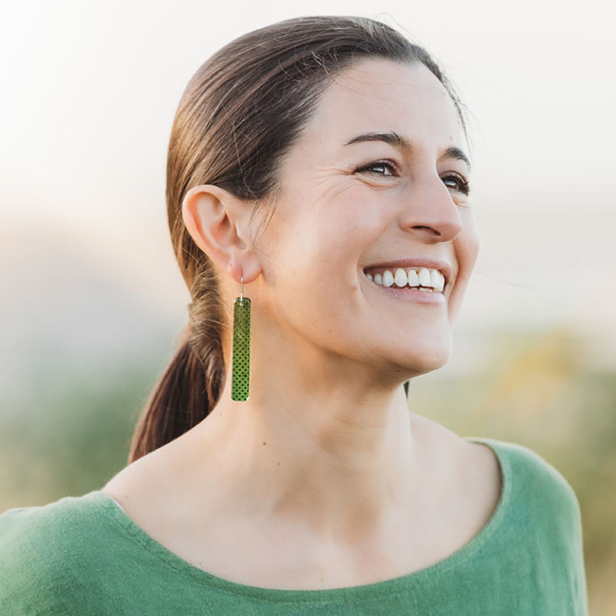 Woven Flax Long Drop Earrings Green worn on model
