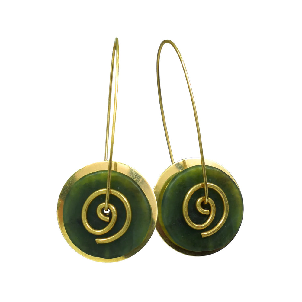 Gold Greenstone Spiral Earrings Large