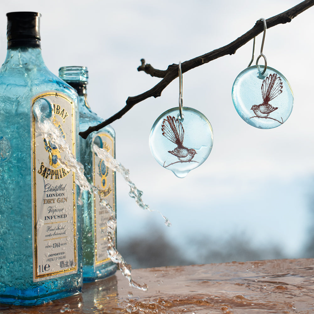 Fantail Earrings and Bombay Sapphire Gin Bottles