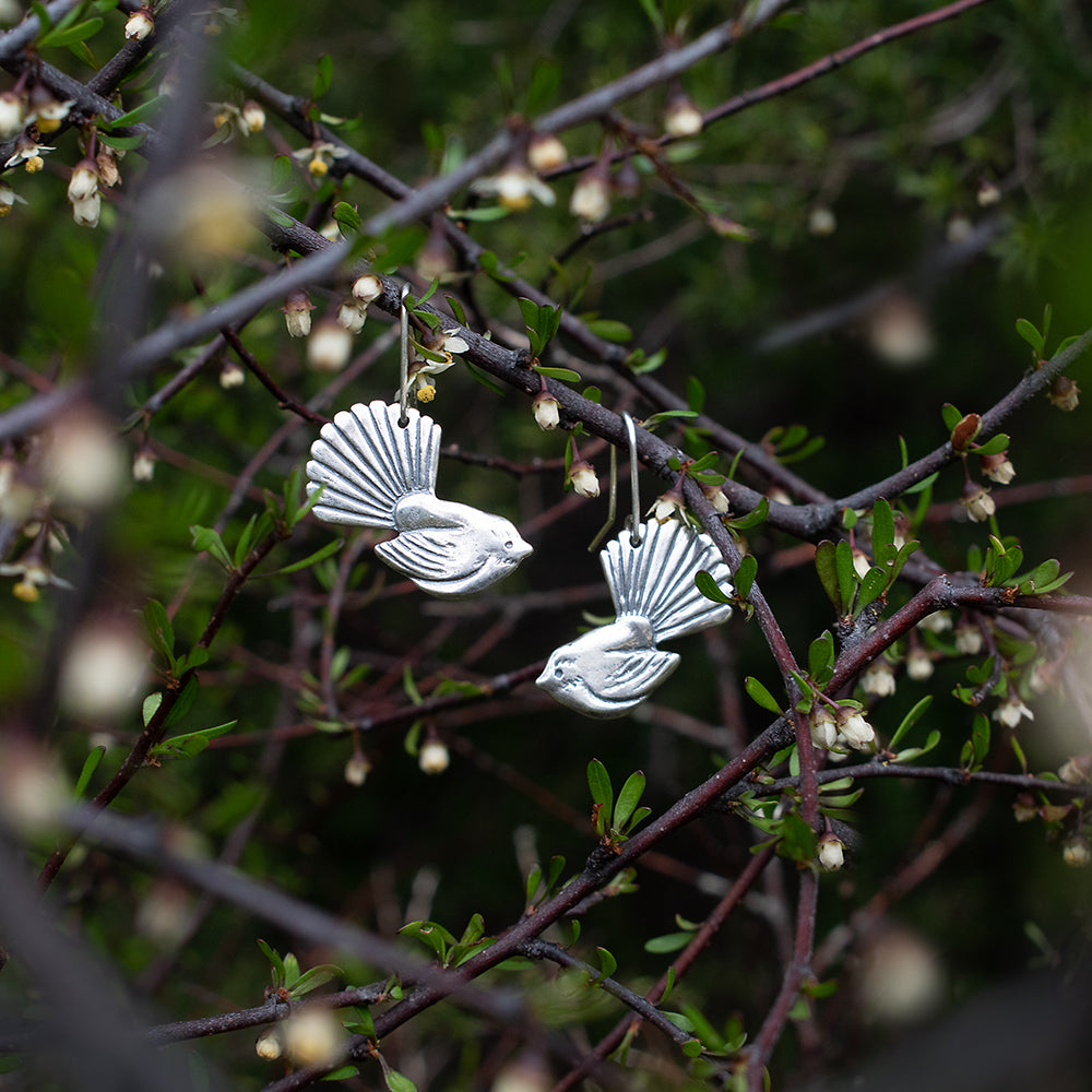 Fantail Earrings Silver hanging on shrub