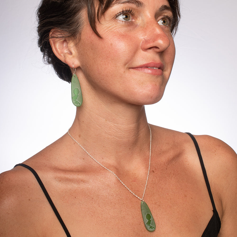 Fantail Teardrop Earrings and Pendant Green worn on model