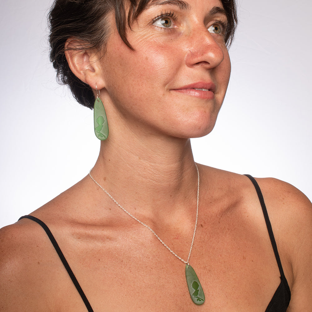 Fantail Teardrop Earrings and Pendant Green on model